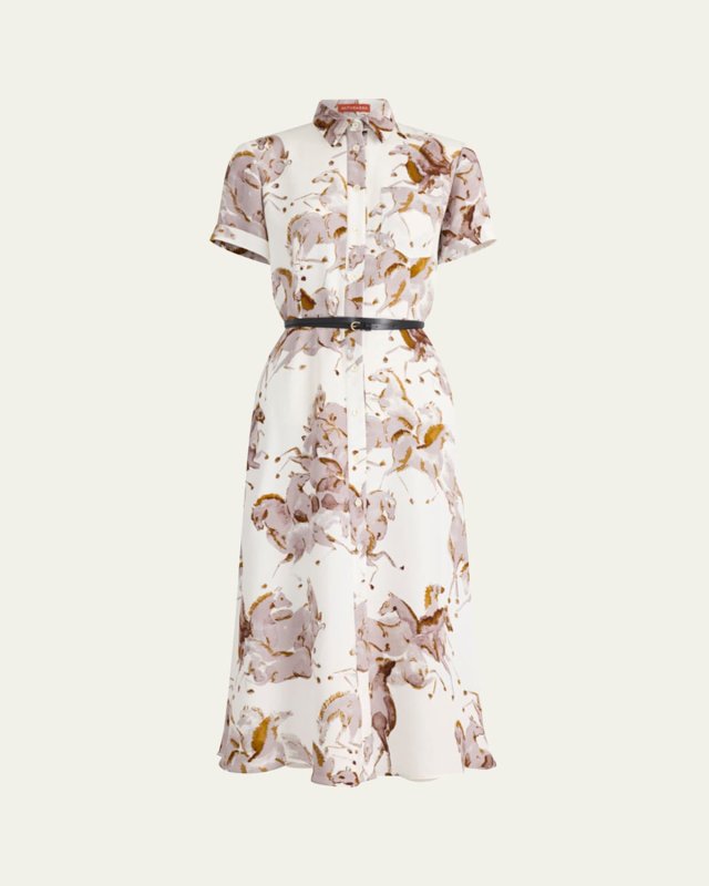 Kiera Horse-Print Silk Short-Sleeve Midi Shirtdress